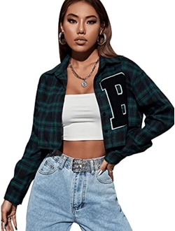 Women's Plaid Long Sleeve V Neck Collar Button Down Blouses Crop Top