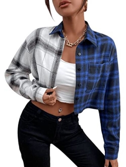 Women's Plaid Long Sleeve V Neck Collar Button Down Blouses Crop Top