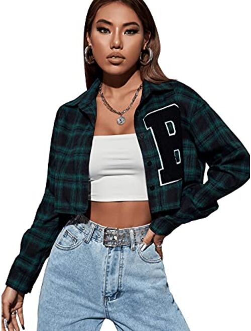 SweatyRocks Women's Plaid Long Sleeve V Neck Collar Button Down Blouses Crop Top