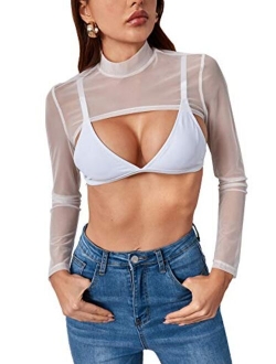 Women's Long Sleeve Mock Neck Slim Fit Sheer Mesh Crop Shirt Top