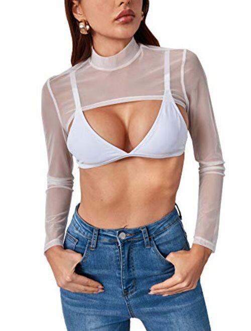 SweatyRocks Women's Long Sleeve Mock Neck Slim Fit Sheer Mesh Crop Shirt Top