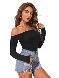 Women's Sexy Off Shoulder Long Sleeve T-Shirt Solid Slim Fit Tees