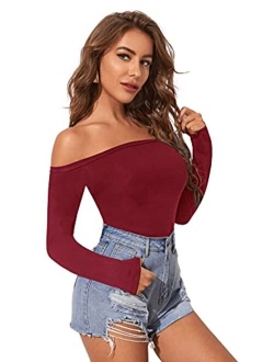 Women's Sexy Off Shoulder Long Sleeve T-Shirt Solid Slim Fit Tees