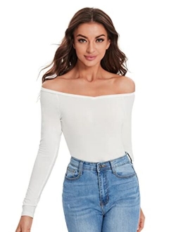 Women's Sexy Off Shoulder Long Sleeve T-Shirt Solid Slim Fit Tees