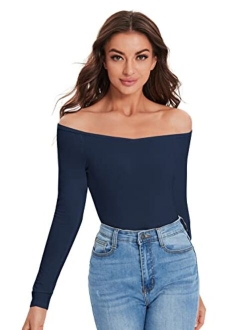 Women's Sexy Off Shoulder Long Sleeve T-Shirt Solid Slim Fit Tees