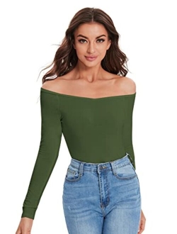 Women's Sexy Off Shoulder Long Sleeve T-Shirt Solid Slim Fit Tees