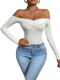 Women's Sexy Off Shoulder Long Sleeve T-Shirt Solid Slim Fit Tees