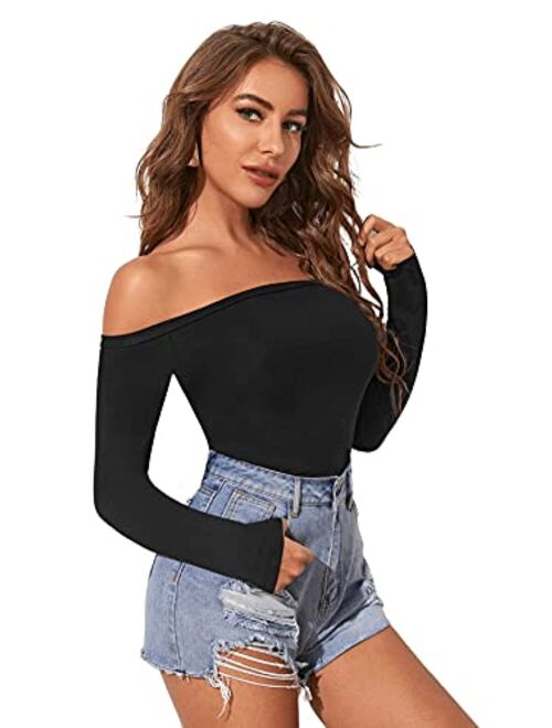 SweatyRocks Women's Sexy Off Shoulder Long Sleeve T-Shirt Solid Slim Fit Tees