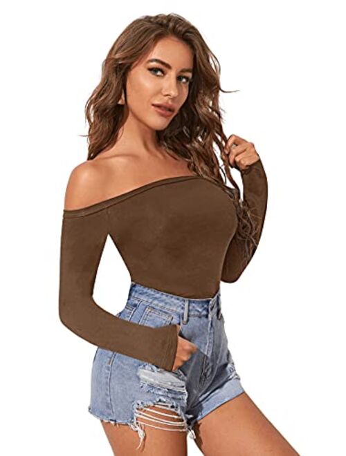 SweatyRocks Women's Sexy Off Shoulder Long Sleeve T-Shirt Solid Slim Fit Tees