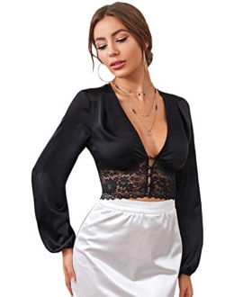 Women's Sexy Button Front Deep V Neck Bishop Sleeve Crop Top Blouses