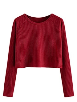 Women's Casual Solid Ribbed Knit Raglan Long Sleeve Crop Top T Shirt