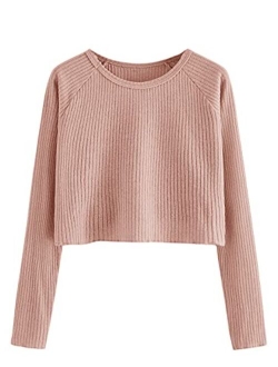 Women's Casual Solid Ribbed Knit Raglan Long Sleeve Crop Top T Shirt