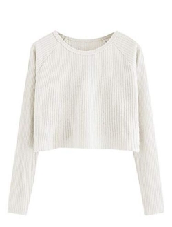 Women's Casual Solid Ribbed Knit Raglan Long Sleeve Crop Top T Shirt