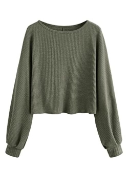 Women's Casual Solid Ribbed Knit Raglan Long Sleeve Crop Top T Shirt