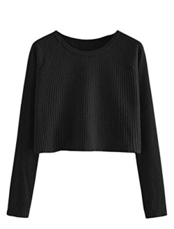 Women's Casual Solid Ribbed Knit Raglan Long Sleeve Crop Top T Shirt