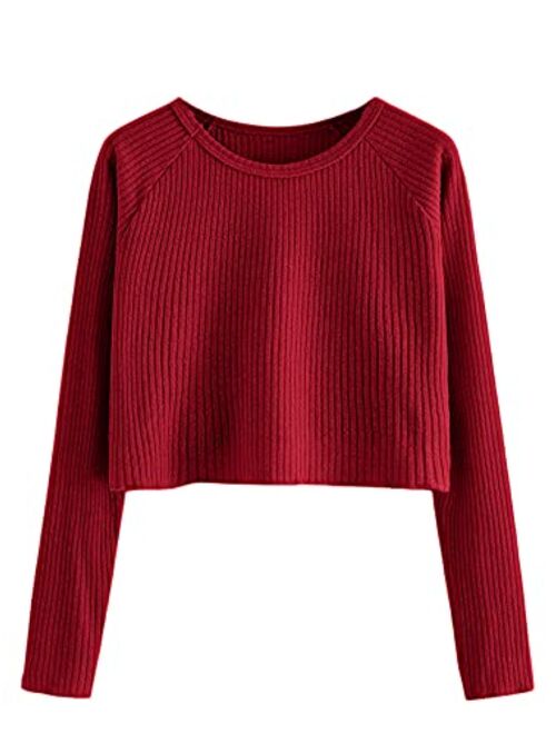 SweatyRocks Women's Casual Solid Ribbed Knit Raglan Long Sleeve Crop Top T Shirt