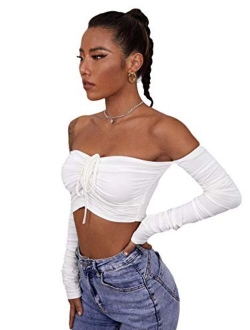 Women's Elegant Off Shoulder Long Sleeve Drawstring Crop Tops Blouse Shirt