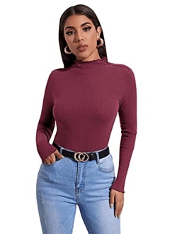 Women's Casual High Neck Long Sleeve Ribbed Tee Slim Fit Stretch Striped Knit T Shirts