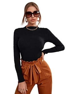 Women's Casual High Neck Long Sleeve Ribbed Tee Slim Fit Stretch Striped Knit T Shirts