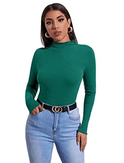 SweatyRocks Women's Casual High Neck Long Sleeve Ribbed Tee Slim Fit Stretch Striped Knit T Shirts