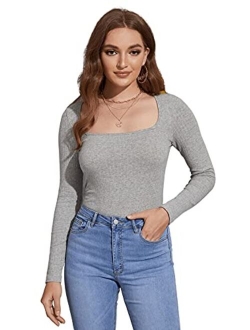 Women's Long Sleeve Scoop Neck Tee Top Slim Fit Ribbed Knit T-Shirt