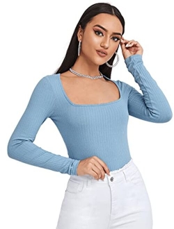 Women's Long Sleeve Scoop Neck Tee Top Slim Fit Ribbed Knit T-Shirt