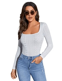 Women's Long Sleeve Scoop Neck Tee Top Slim Fit Ribbed Knit T-Shirt