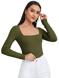 Women's Long Sleeve Scoop Neck Tee Top Slim Fit Ribbed Knit T-Shirt