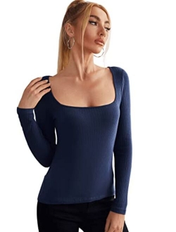 Women's Long Sleeve Scoop Neck Tee Top Slim Fit Ribbed Knit T-Shirt