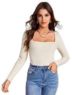 Women's Long Sleeve Scoop Neck Tee Top Slim Fit Ribbed Knit T-Shirt