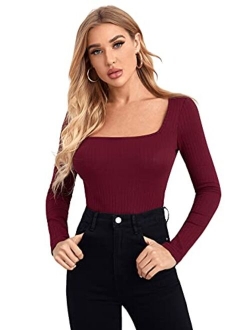 Women's Long Sleeve Scoop Neck Tee Top Slim Fit Ribbed Knit T-Shirt