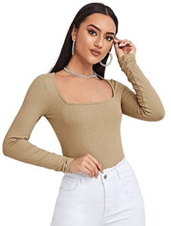 Women's Long Sleeve Scoop Neck Tee Top Slim Fit Ribbed Knit T-Shirt