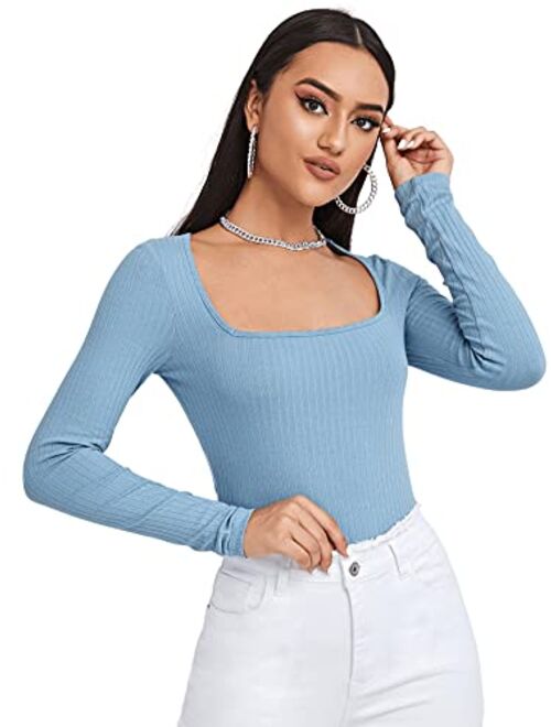 SweatyRocks Women's Long Sleeve Scoop Neck Tee Top Slim Fit Ribbed Knit T-Shirt