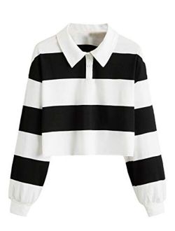 Women's Long Sleeve T-Shirt Button Front Striped Polo Shirt