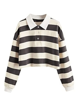 Women's Long Sleeve T-Shirt Button Front Striped Polo Shirt