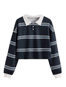 Women's Long Sleeve T-Shirt Button Front Striped Polo Shirt