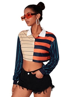 Women's Long Sleeve T-Shirt Button Front Striped Polo Shirt