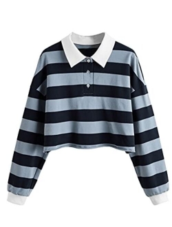 Women's Long Sleeve T-Shirt Button Front Striped Polo Shirt