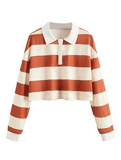 Women's Long Sleeve T-Shirt Button Front Striped Polo Shirt