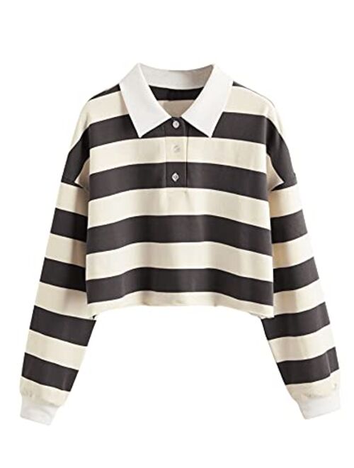 SweatyRocks Women's Long Sleeve T-Shirt Button Front Striped Polo Shirt