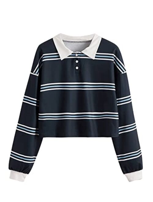 SweatyRocks Women's Long Sleeve T-Shirt Button Front Striped Polo Shirt