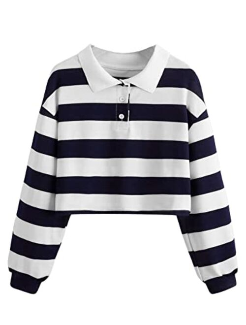 SweatyRocks Women's Long Sleeve T-Shirt Button Front Striped Polo Shirt