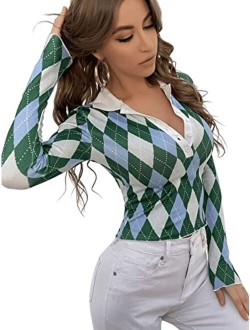 Women's Long Sleeve Crop Top Collar Neck Ribbed Knit Tee Shirt