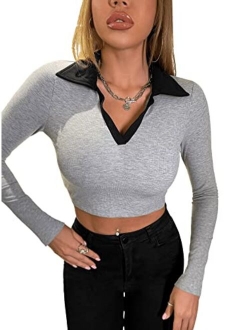 Women's Long Sleeve Crop Top Collar Neck Ribbed Knit Tee Shirt