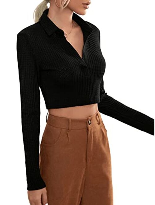 SweatyRocks Women's Long Sleeve Crop Top Collar Neck Ribbed Knit Tee Shirt