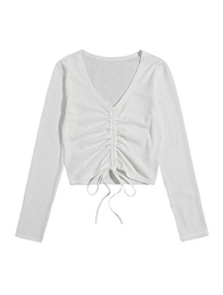 Women's Long Sleeve V Neck Crop Top Drawstring Ruched Tee Shirt