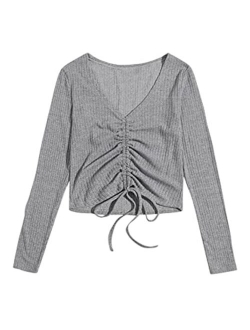 Women's Long Sleeve V Neck Crop Top Drawstring Ruched Tee Shirt