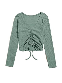 Women's Long Sleeve V Neck Crop Top Drawstring Ruched Tee Shirt