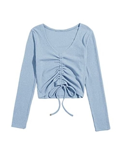 Women's Long Sleeve V Neck Crop Top Drawstring Ruched Tee Shirt