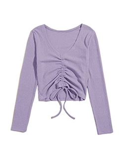 Women's Long Sleeve V Neck Crop Top Drawstring Ruched Tee Shirt